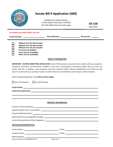 First page of the SB 9 Application