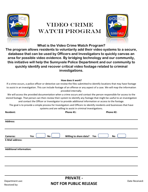 First page of the Video Crime Watch Program Registration