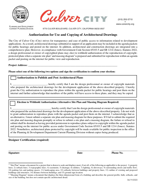 First page of the Authorization for Use and Copying of Architectural Drawings