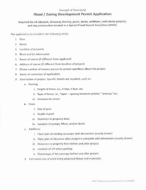 First page of the Flood/Zoning Development Permit Application