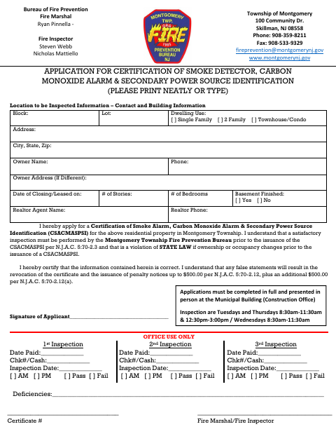 First page of the Smoke Detector, Carbon Monoxide Alarm, and Secondary Power Source Certification Application