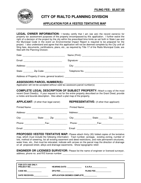 First page of the Application for a Vested Tentative Map