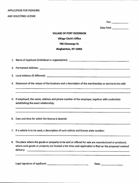 First page of the Peddling and Soliciting License Application