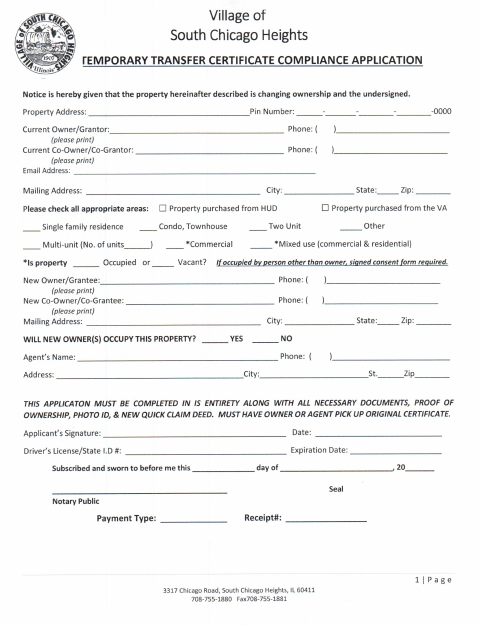 First page of the Temporary Transfer Certificate Compliance Application