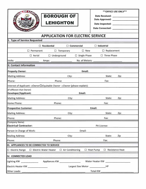 First page of the Application for Electric Service