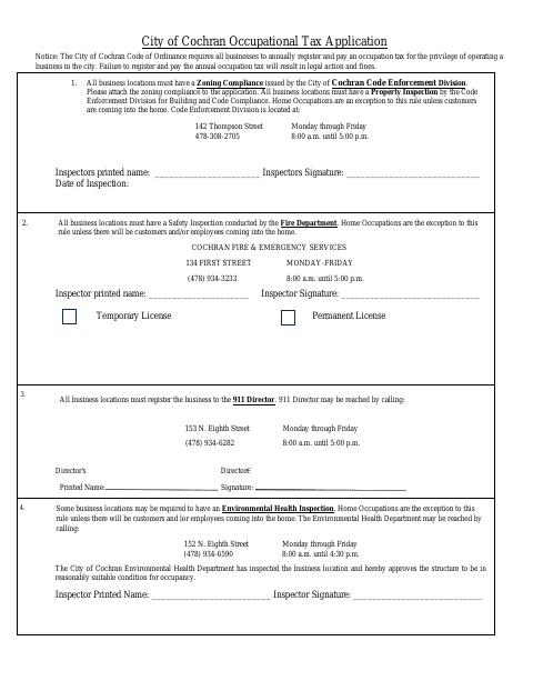 First page of the Occupational Tax Application