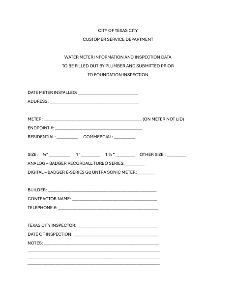 First page of the Water Meter Information and Inspection Data