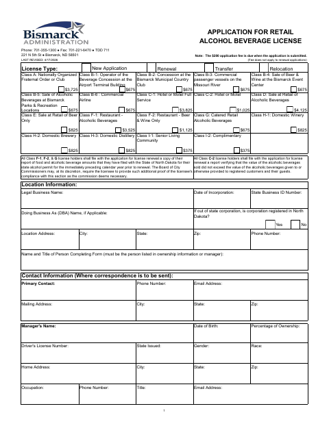 First page of the Alcohol Beverage License Application