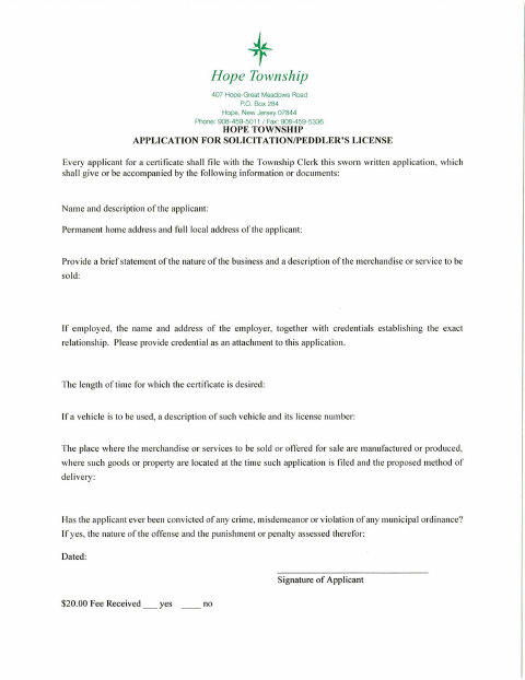 First page of the Solicitor/Peddler’s Permit Application