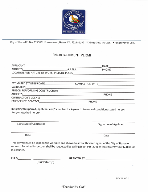 First page of the Encroachment Permit