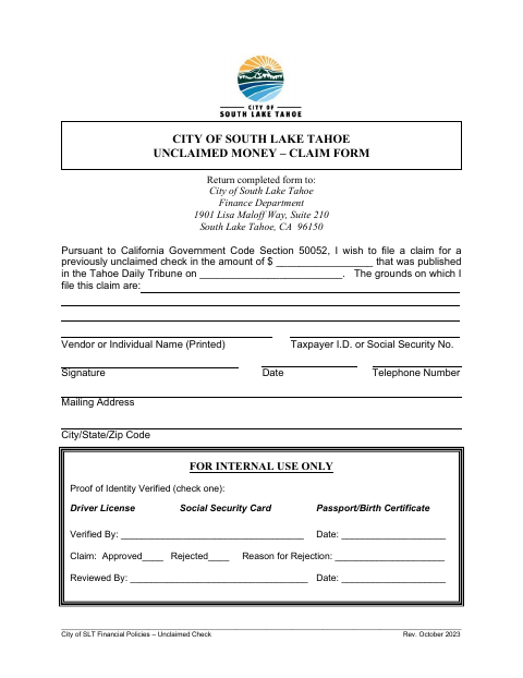 First page of the Unclaimed Money Claim Form