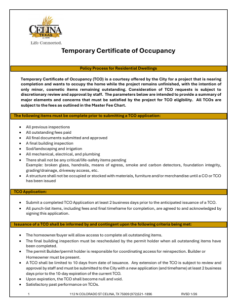First page of the Residential Temporary Certificate of Occupancy Application