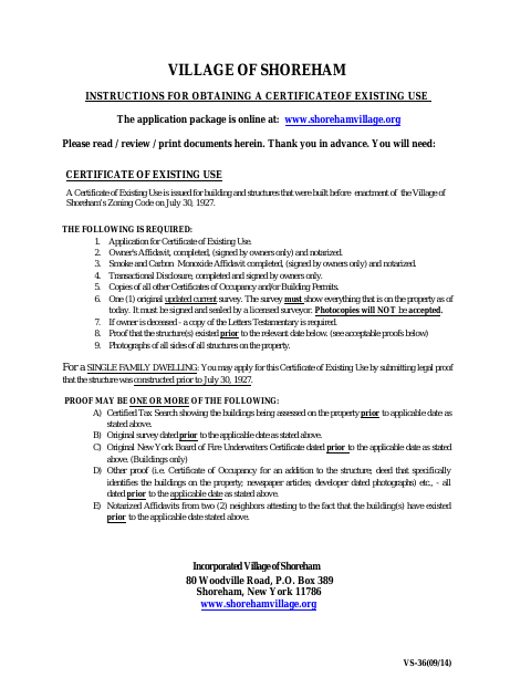 First page of the Certificate of Existing Use