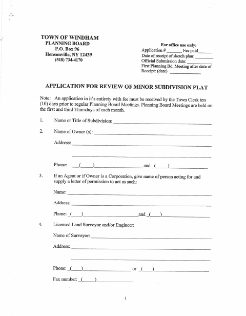 First page of the Minor Subdivision Application