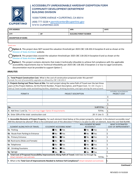 First page of the Accessibility Unreasonable Hardship Exemption Form