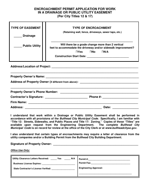 First page of the Encroachment Permit Application for Work in a Drainage or Public Utility Easement