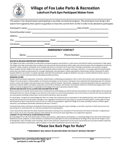 First page of the Lakefront Park Indoor Gym Waiver