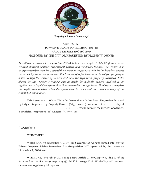 First page of the Proposition 207 Diminution in Value Waiver