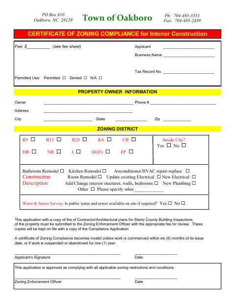 First page of the Interior Construction Zoning Compliance Application