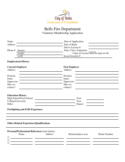 First page of the Volunteer Firefighter Membership Application