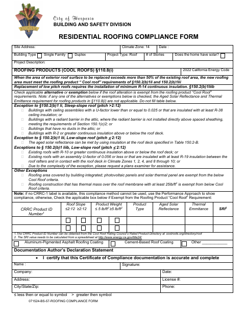 First page of the Residential Roofing Compliance Form
