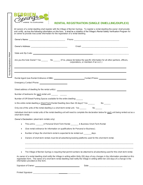 First page of the Rental Registration (Single Dwelling/Duplex)