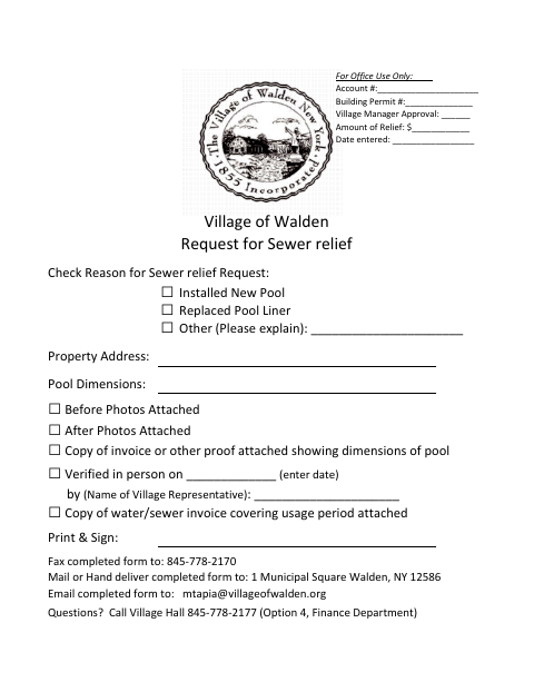 First page of the Request for Sewer Relief