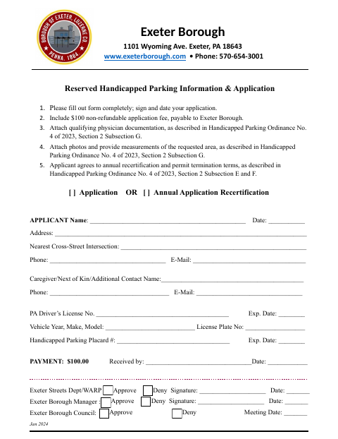 First page of the Reserved Handicapped Parking Information & Application