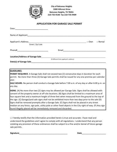 First page of the Application for Garage Sale Permit