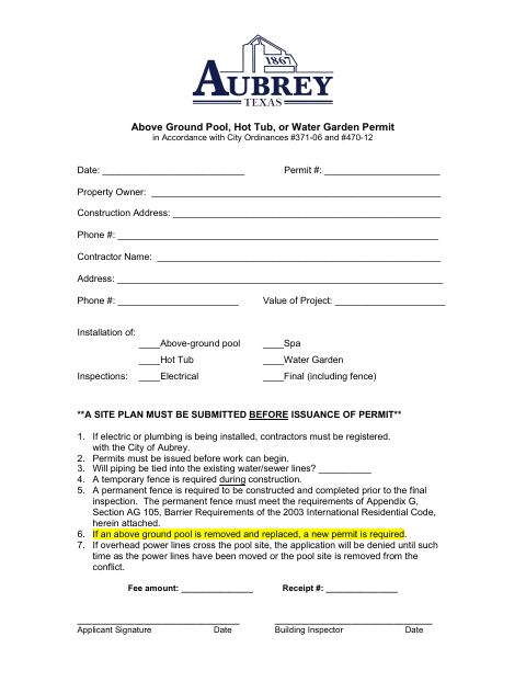 First page of the Above Ground Pool, Hot Tub, or Water Garden Permit