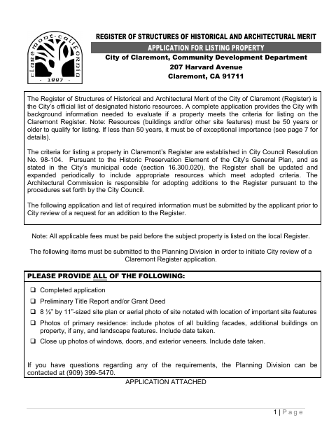 First page of the Local Register Historic Property Application