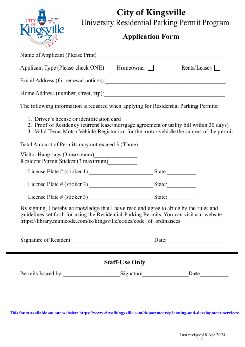 First page of the University Residential Parking Permit Application