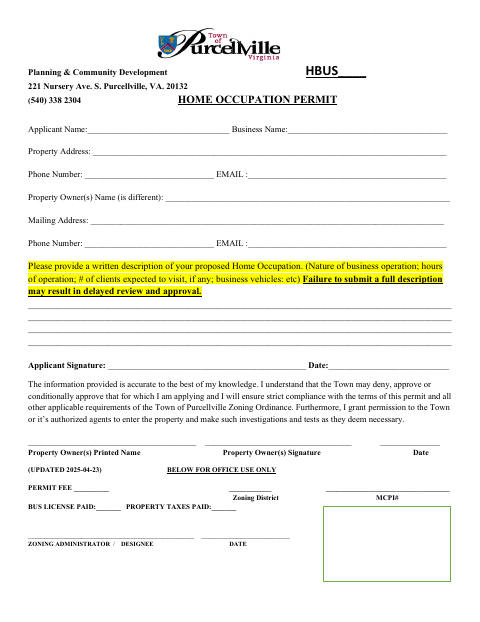 First page of the Home Occupation Permit