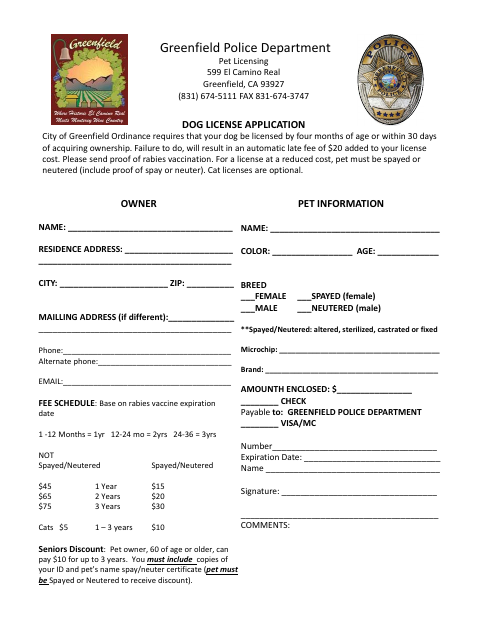 First page of the Dog License Application