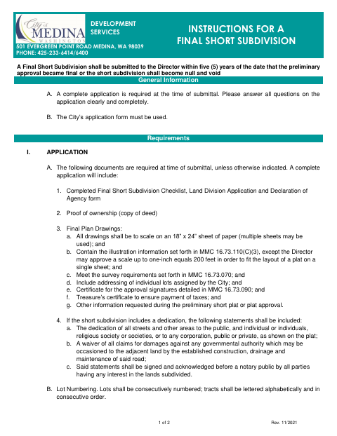 First page of the Final Short Subdivision Application