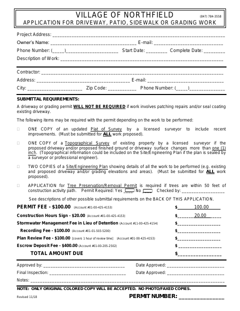 First page of the Application for Driveway, Patio, Sidewalk, or Grading Work