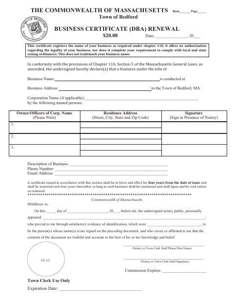 First page of the Business Certificate (DBA) Renewal