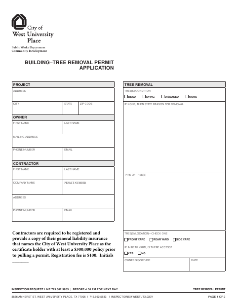 First page of the Tree Removal Permit Application