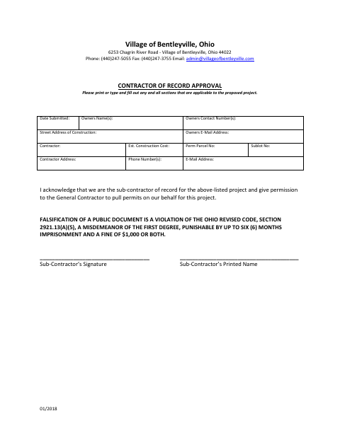 First page of the Contractor of Record Approval