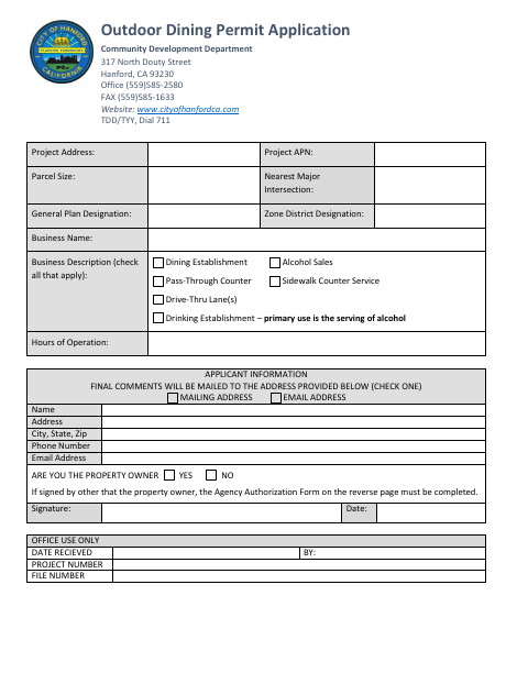 First page of the Outdoor Dining Permit Application