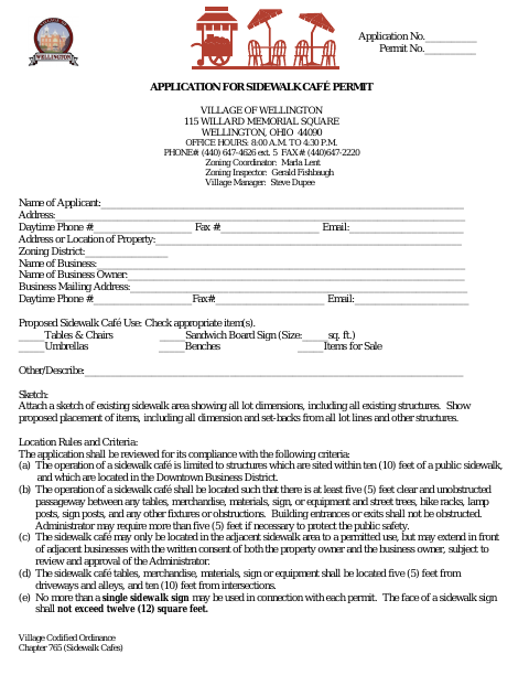 First page of the Application for Sidewalk Café Permit