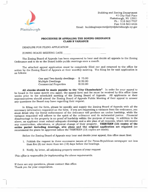 First page of the Class B Variance Application