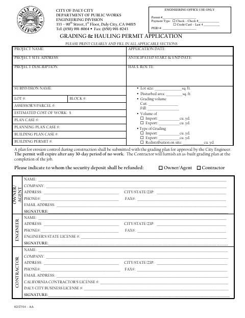 First page of the Grading & Hauling Permit Application