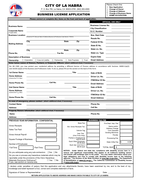 First page of the Business License Application
