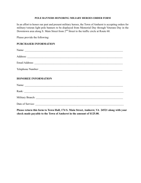 First page of the Pole Banners Honoring Military Heroes Order Form