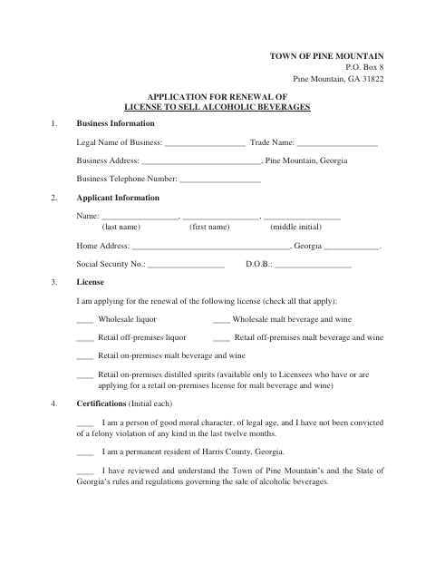 First page of the Application for Renewal of License to Sell Alcoholic Beverages