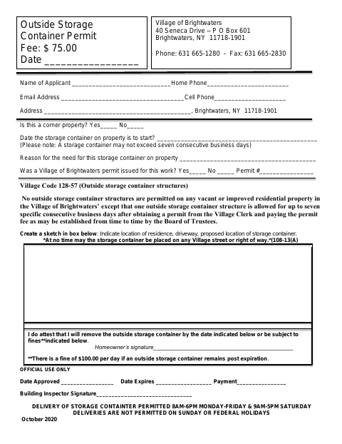 First page of the Outside Storage Container Permit Application