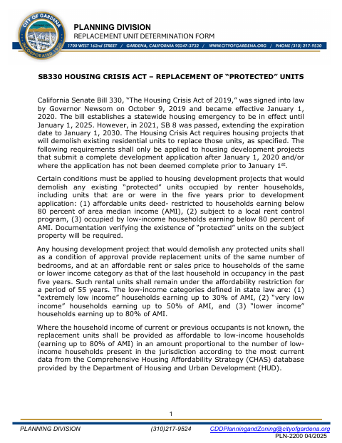 First page of the Replacement Unit Determination Form (SB 330)