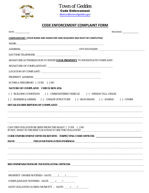 First page of the Codes Enforcement Complaint Form
