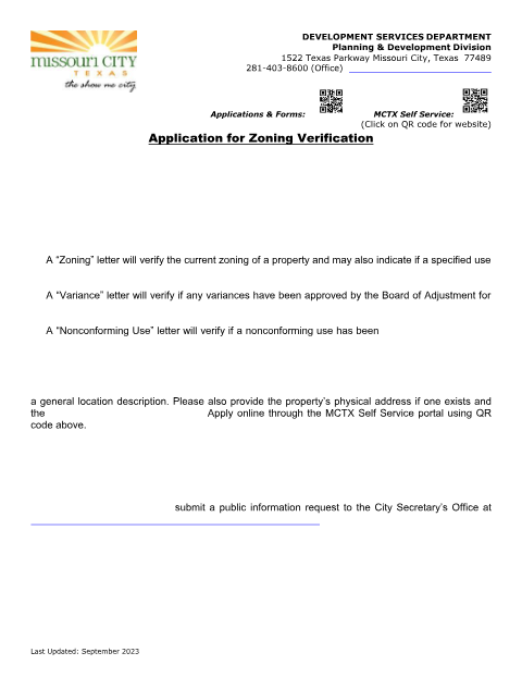 First page of the Zoning Verification Request